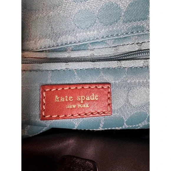 Kate Spade New York Aqua Blue Dot Noel Jacquard Tote Bag with Tan Leather Trim - Picture 6 of 7